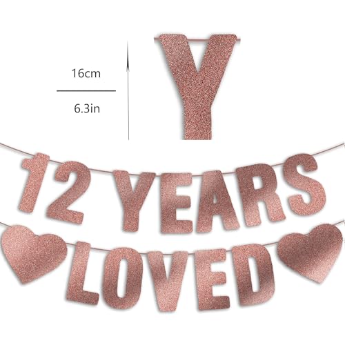 12 Years Loved Rose Gold Glitter Banner for 12th Birthday