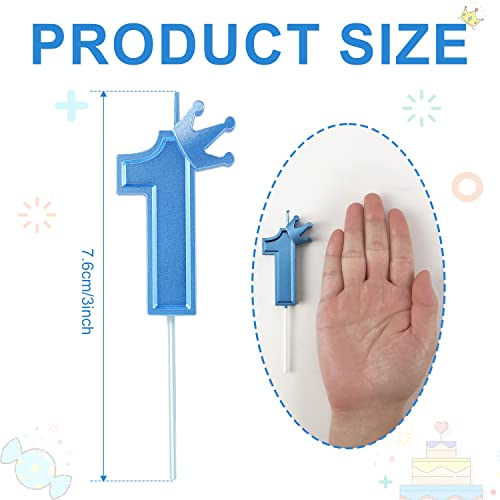 BOXOB 3 Inch Blue Number 1 Birthday Candle with Crown Cake Topper