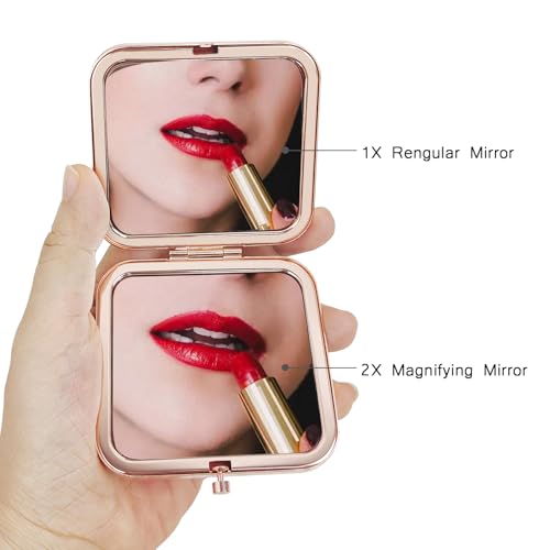 Rose Gold Mini Compact Mirror for Women - 1X/2X Magnification