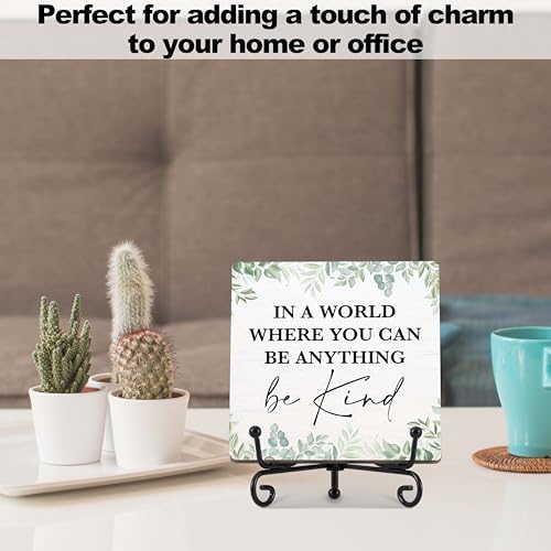 Be Kind Motivational Wooden Desk Sign with Iron Stand, 5x5 Inch Eucalyptus