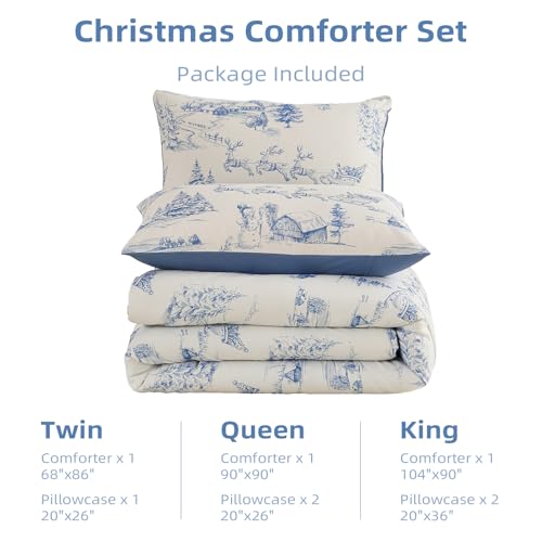 Blue Christmas Comforter Set King - Snowman & Tree Bedding, 104x90"
