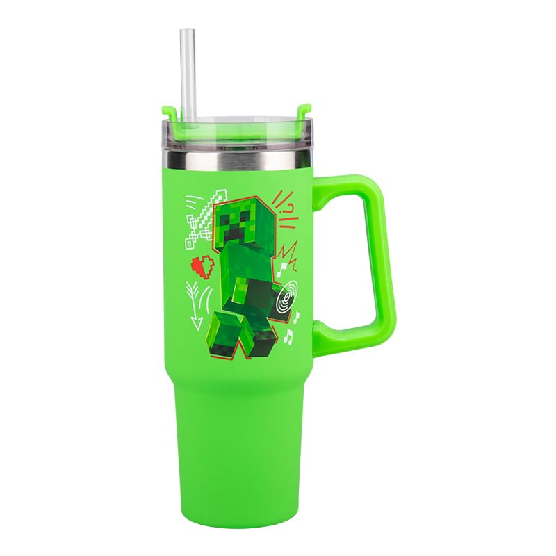 Paladone Minecraft Steve & Creeper 30 oz Green Insulated Cup and Straw, Officially Licensed Tumbler Travel Cup with Handle for Iced Tea or Coffee, Gaming Merchandise