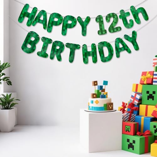 Green Pixel 12th Birthday Banner, Pre-Strung Video Game Party Decor