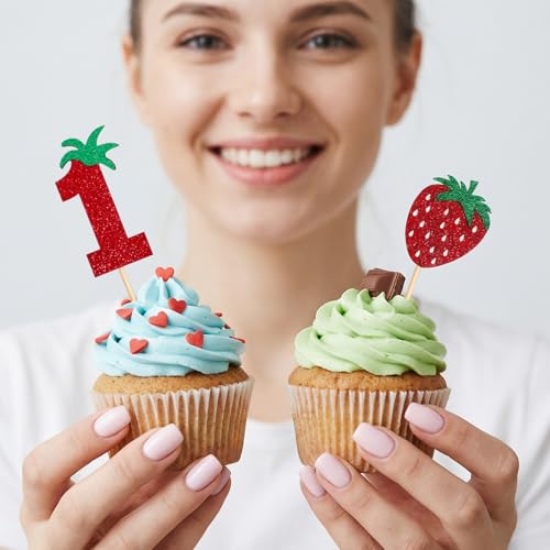 24 Strawberry Cupcake Toppers for 1st Birthday Party Decor