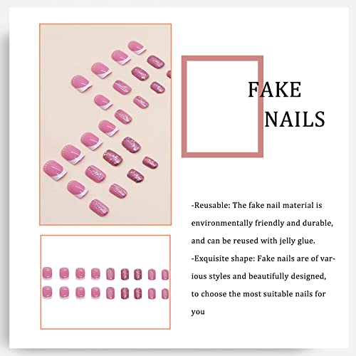 TUZANDW Rose Pink Square Press on Nails Short Glitter Sequins False Nails