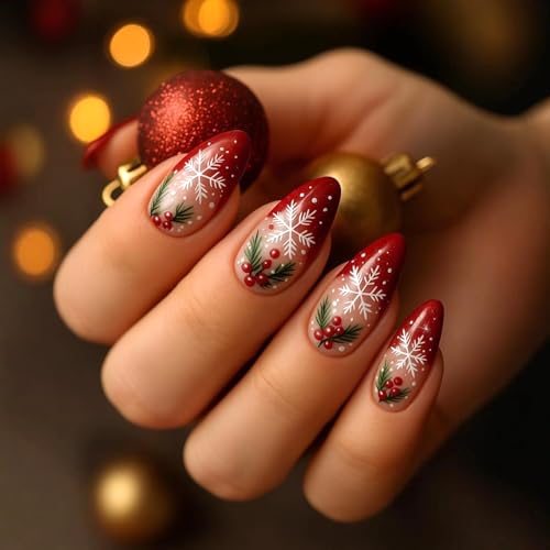 Christmas Press on Nails Medium Almond Red French Snowflake Fake Nails