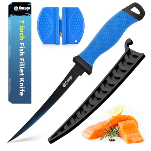 Queego 7-Inch Professional Fish Fillet Knife with Sharpener & Nylon Sheath
