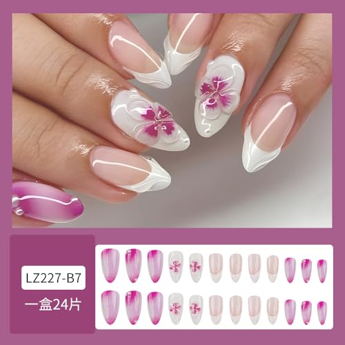 LBPEPAMZ 3D Floral Press On Nails Medium Almond White French Tip Fake Nails