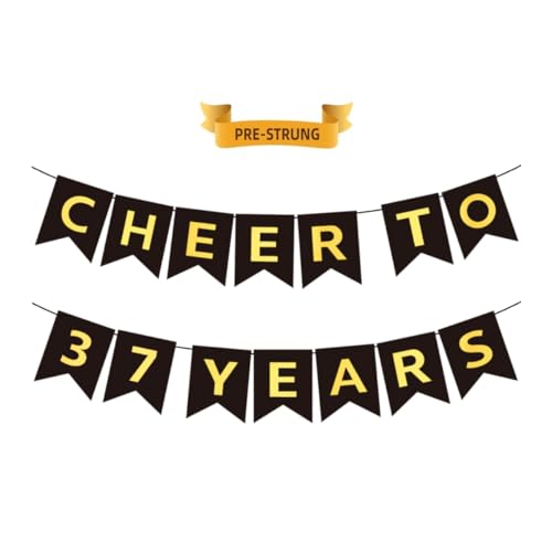 Black and Gold Cheers to 37 Years Banner - Pre-Strung 37th Birthday Party Decoration