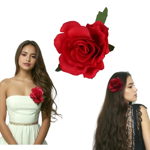 Fosrisix Red Rose Flower Hair Clip and Brooch Pin 2-in-1 Floral Accessory