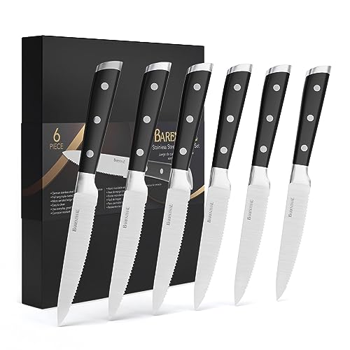 Black Steak Knives Set of 6 - 4.8 Inch German Stainless Steel Serrated Kitchen Knives with Block, Dishwasher Safe