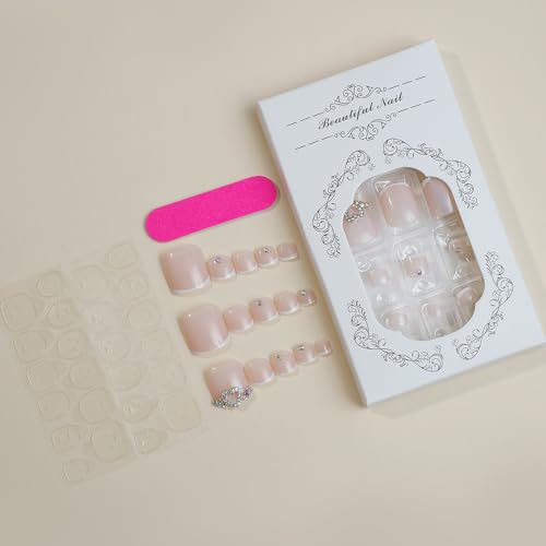 French Tip Press on Toenails White Square Acrylic Toe Nails with Rhinestone