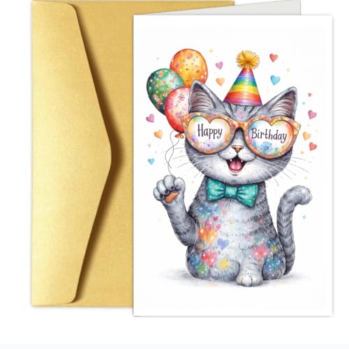 Rainbow Cat Birthday Card - Kawaii Greeting Card for Cat Lovers