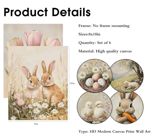 Easter Wall Art Set - 6 Vintage Canvas Prints, 8x10 Inch
