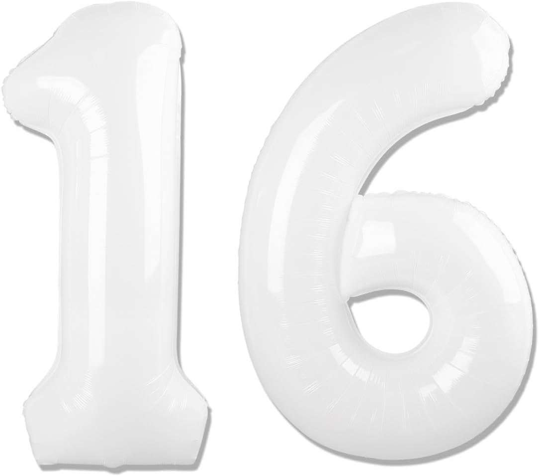 Number 16 Balloon - 40 Inch White Birthday Decoration for 16th Party Supplies - Perfect for Boys & Girls