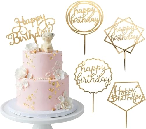6-Pack Gold Happy Birthday Cake Toppers - Acrylic Decorations