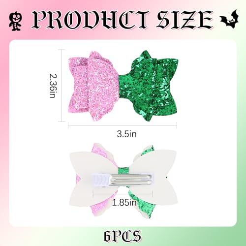 ANBALA 6-Piece Witch Hair Bow Clips - Pink & Green Glitter Hair Accessories