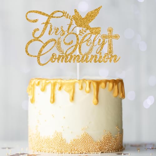 First Holy Communion Cake Topper - Gold Decoration for Parties