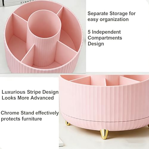 360 Rotating Makeup Brush Holder - 5 Slot Desktop Organizer (Pink, Small)