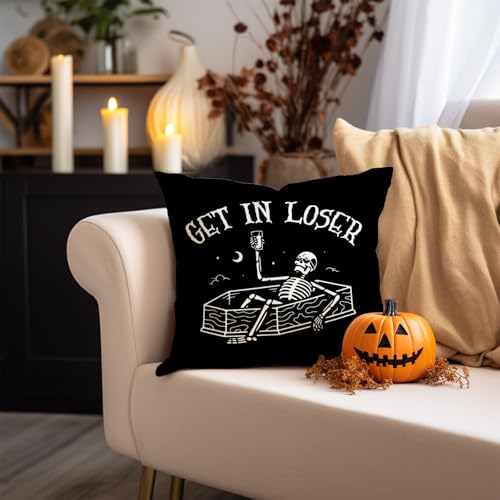 Black Skull Halloween Pillow Cover 18x18, Funny Gothic Skeleton Decor