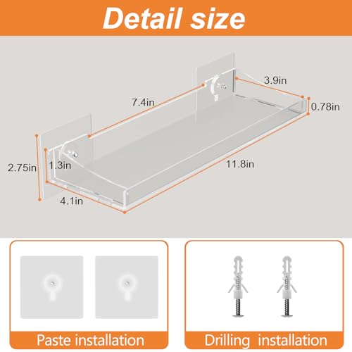Clear Acrylic Floating Shelves - No Drill Wall Organizer (3 Pack)