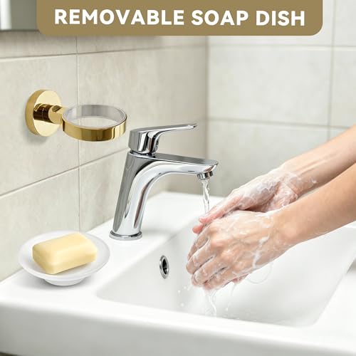 Wall Mounted Glass Soap Holder with Gold Stainless Steel Bracket