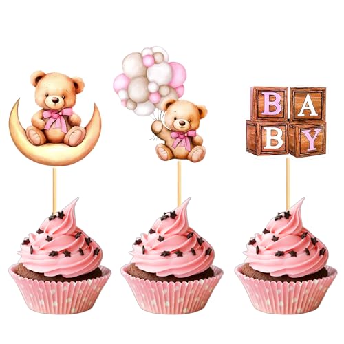 24 Pink Bear Cake Toppers for Baby Shower & Birthday Parties