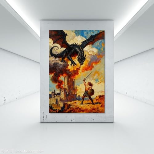 Vintage Warriors vs Dragons Canvas Wall Art - 12x18 Inch