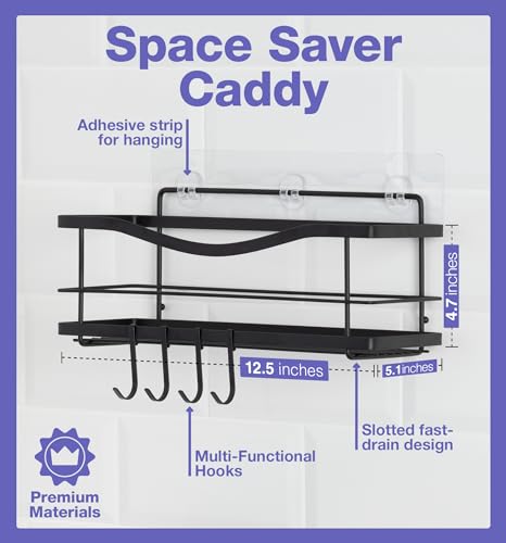 KINCMAX Matte Black Shower Caddy - Rustproof Stainless Steel Adhesive Shelf