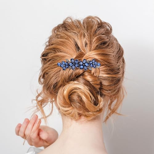 Blue Flower Rhinestone Hair Barrette Sparkly Crystal Hair Clip
