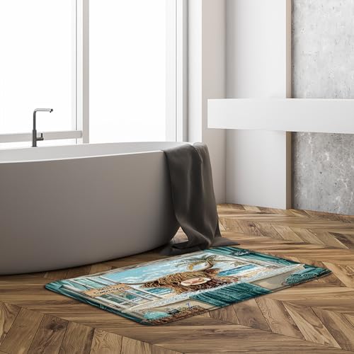 Highland Cow Bath Mat, Blue Ocean Farm Animal Memory Foam Rug, 17.8x29.5 In