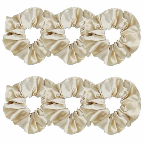 Sufermoe Satin Silk Hair Scrunchies 6-Pack - 4.3 Inch Light Gold Elastic Hair Ties & Ponytail Holders for Women