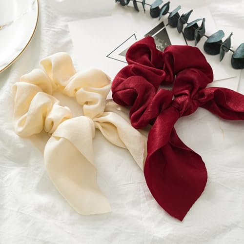 IZUS Satin Hair Scrunchies with Long Tail Ribbon, 2 Pcs