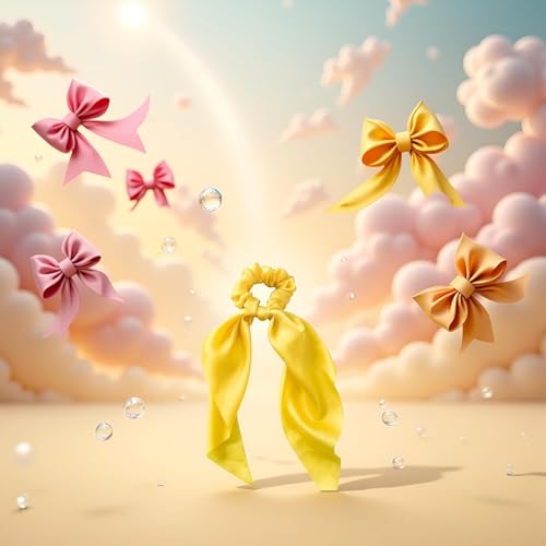 Cauaoa Yellow Satin Ribbon Bow Scrunchies Hair Ties 2-Pack