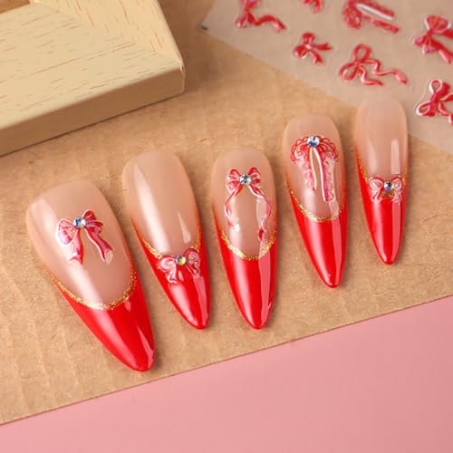 Valentine Red Bow Nail Art Stickers 5D Self-Adhesive Decals 6Pcs
