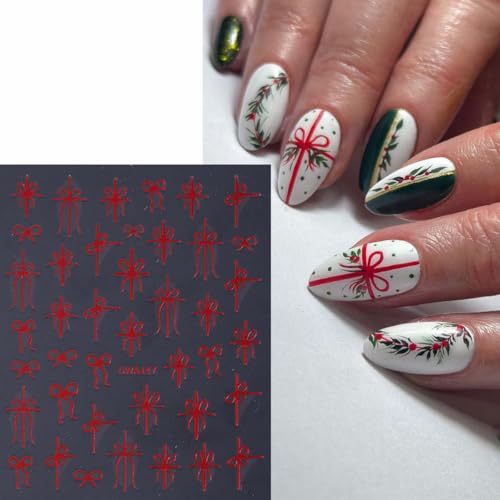 SWEET TREND Christmas Bow Nail Art Stickers - 7 Sheets Festive Red & Green Ribbon Decals