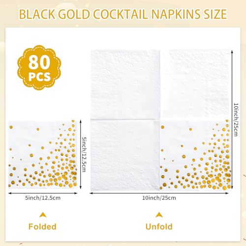 Elegant 80 Pack 3-Ply Gold Cocktail Napkins - 5" White with Gold Foil Dots