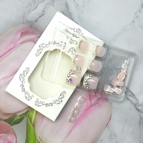 Short Press on Toenails White French Tip Square False Toenails