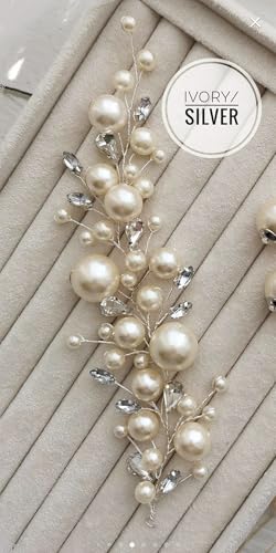Aimimier Silver Crystal & Faux Pearl Wedding Hair Vine Headband