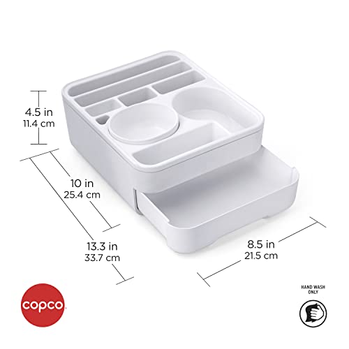 Copco Couch Caddy Organizer with Removable Snack Cup - Versatile Storage Solution for Remotes, Glasses, Snacks, and More, White