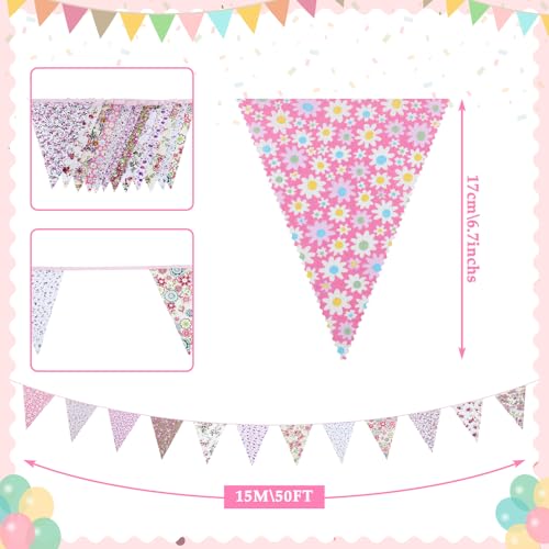NatNarr 50Ft Pink Triangle Bunting Banner - 45 Pcs Cotton Fabric Flags