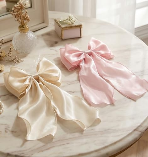 Light Pink Hair Bows with Long Ribbon Tail, 20cm Hair Clips for Women (2PCS)