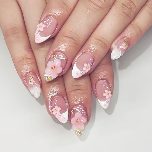 Hibiscus Flower Press on Nails Medium Almond Fake Nails with Rhinestones