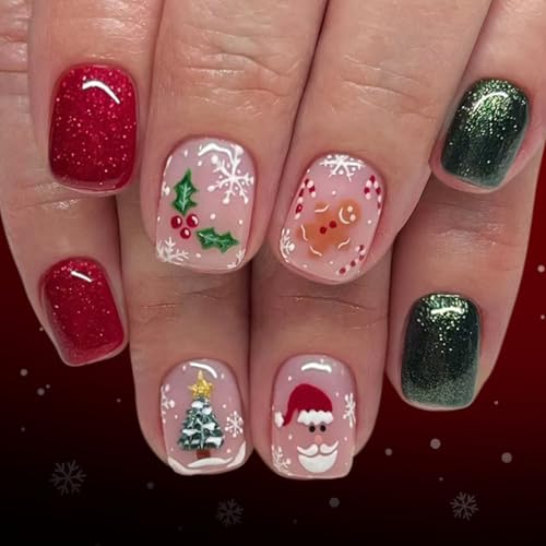 Christmas Press on Nails Short Square False Nails Holiday Designs