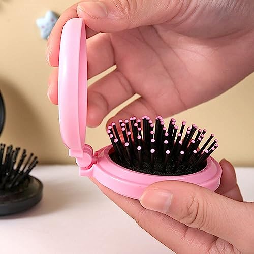 White Folding Hair Brush with Mirror - Portable Mini Travel Hairbrush