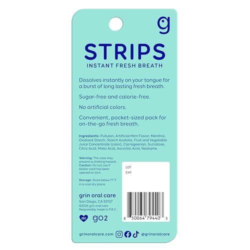 GRIN Super Minty Breath Strips - Sugar-Free Instant Dissolving Mint Freshener, 72 Count