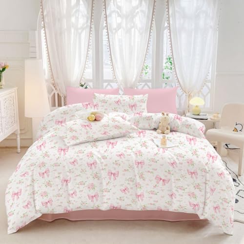 Pink Floral Twin Duvet Cover Set with Bow - Kids Girls Bedding 2Pcs