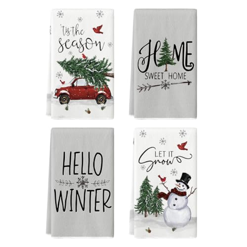 Christmas Snowman Truck Kitchen Towels Set of 4 - 18x26 Inches