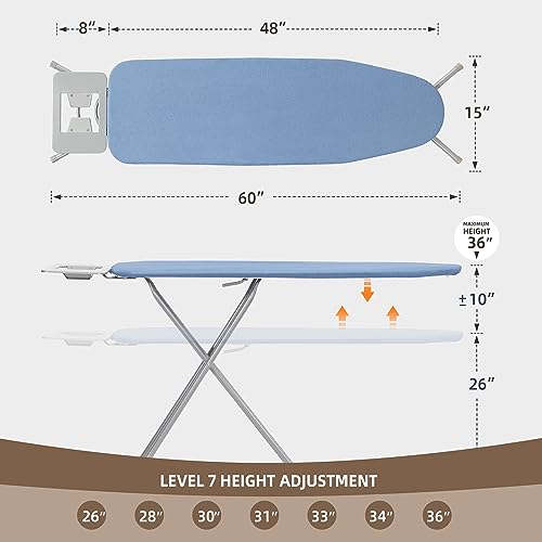 EASI Ironing Board Full Size 48" x 15" with Iron Rest, 7 Height Options 26" to 36", Foldable Iron Board with Removable Covers, Thick Padding and Heavy-Duty Steel Legs, Blue
