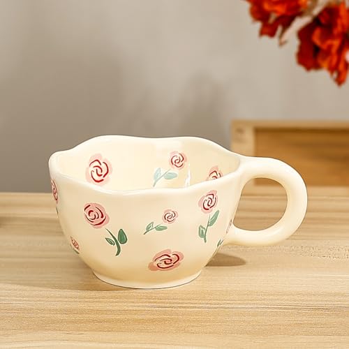 Ceramic Coffee Mug 9 oz Pink Rose Floral Tea Cup - Handcrafted Kitchen Drinkware